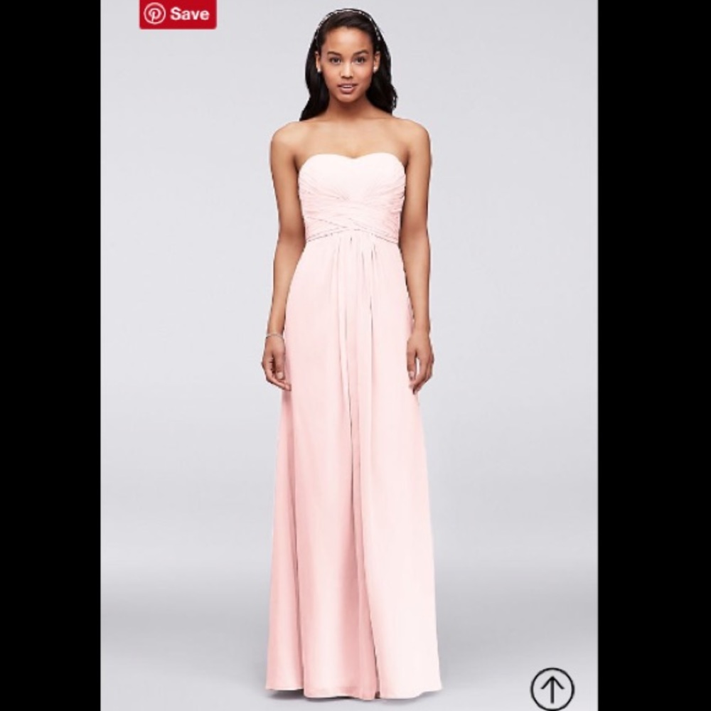LONG STRAPLESS CHIFFON DRESS AND PLEATED BODICE